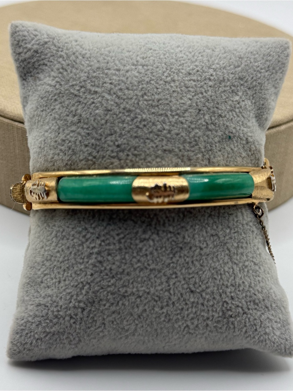 Vintage Gold Tone Green Jade Bangle Bracelet